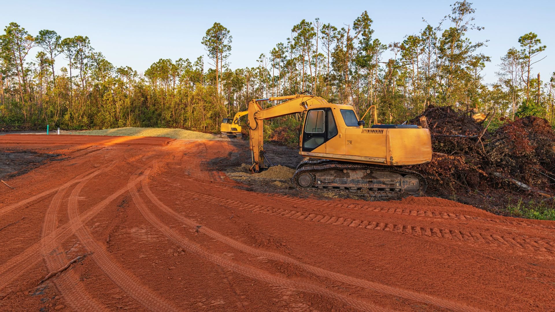 Yellow excavator on red dirt clearing land near pine forest at sunset